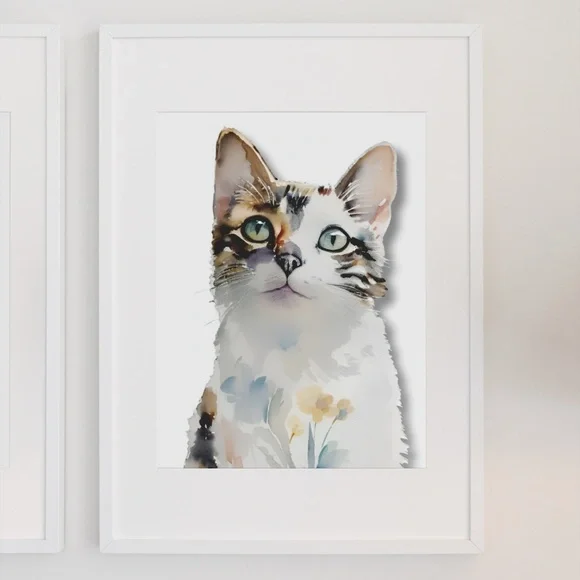 Watercolor Cat With Flowers Portrait Wall Art Illustration Print Poster Unframed - Picture 6 of 6